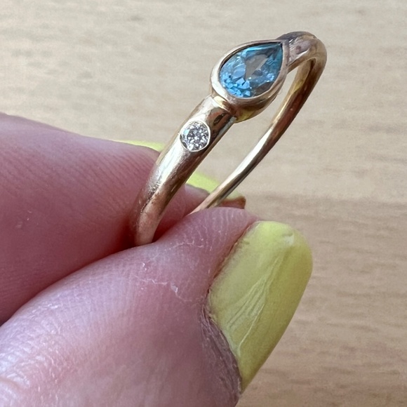 VINTAGE 14K YELLOW GOLD PEAR CUT BLUE TOPAZ DIAMOND BAND RING STACKABLE SLEEK - Picture 13 of 16